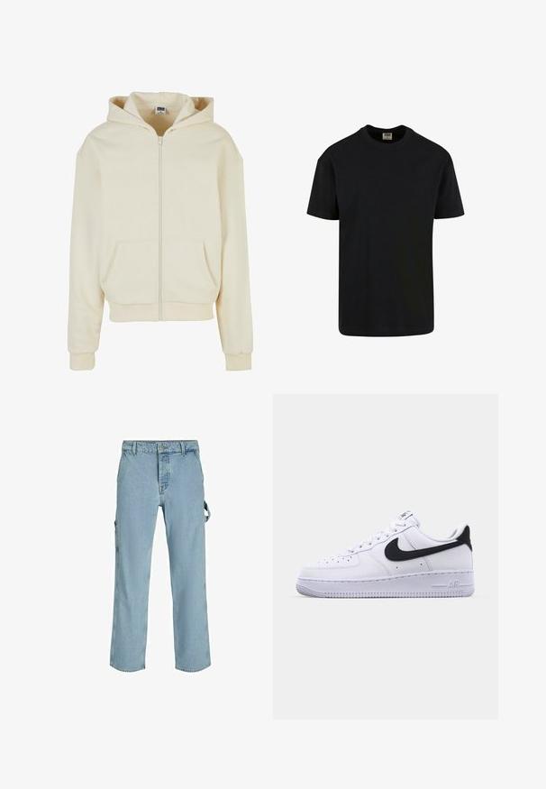 Cremefarbener Kapuzenpulli aus weichem Stoff, mit einem vollständigen Reißverschluss, zwei frontalen Taschen und einer Kapuze mit Kordelzug. Klassisches, lockeres Design.; Urban Classics SHORTSLEEVE - T-Shirt basic - black; Hellblaue Denim-Cargo-Hosen mit entspannter Passform, ausgestattet mit seitlichen Befestigungsschlaufen und Fronttaschen, die eine ausgewaschene Textur aufweisen.; Weißes Leder-Sneaker mit einem strukturierten schwarzen Swoosh, flachen Schnürsenkeln und einer Gummisohle mit genoppetem Muster. "AIR" ist auf der Ferse eingeprägt.