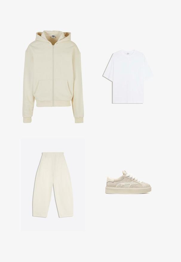Haut à capuche crème en tissu doux, avec une fermeture éclair intégrale, deux poches avant et un capuchon avec cordon de serrage. Design classique et décontracté.; T-shirt oversize en coton blanc avec un col rond et des manches courtes ; texture lisse, sans motifs ni accents visibles.; Pantalon crème taille haute à jambes larges, avec poches arrière et passants de ceinture, présenté à plat sur un fond clair.; Baskets en daim beige avec tige texturée, lacets blancs pelucheux et semelle en caoutchouc crème contrastante. Design simple avec peu de détails matériels.