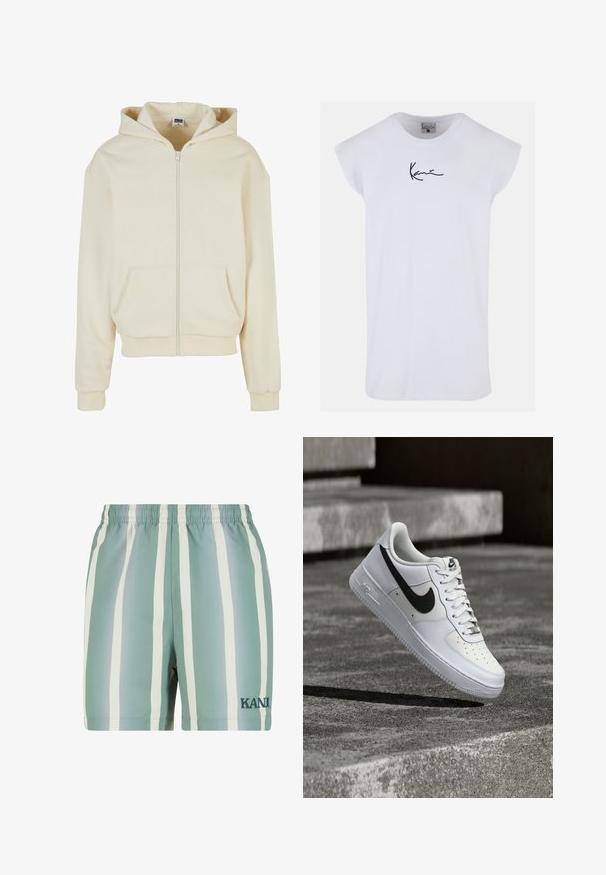Cremefarbener Kapuzenpulli aus weichem Stoff, mit einem vollständigen Reißverschluss, zwei frontalen Taschen und einer Kapuze mit Kordelzug. Klassisches, lockeres Design.; Karl Kani SMALL SIGNATURE TEE - Top - white; Minzgrüne Badehose mit weißen vertikalen Streifen. Verfügt über einen elastischen Bund und ein gesticktes 'KANI'-Logo in dunkelgrün. Glatte Textur.; Weißer Nike Air Force 1 Sneaker mit schwarzem Swoosh, geschnürten Schnürsenkeln, schwebend in der Luft über einer strukturierten Betonoberfläche im Freien.