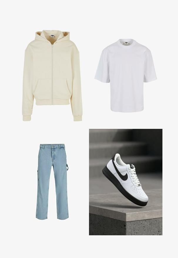 Cremefarbener Kapuzenpulli aus weichem Stoff, mit einem vollständigen Reißverschluss, zwei frontalen Taschen und einer Kapuze mit Kordelzug. Klassisches, lockeres Design.; Weißes T-Shirt mit kurzen Ärmeln aus Baumwolle. Verfügt über einen Rundhalsausschnitt und einen lockeren Schnitt mit glatter Oberfläche sowie ohne sichtbare Muster oder Grafiken.; Hellblaue Denim-Cargo-Hosen mit entspannter Passform, ausgestattet mit seitlichen Befestigungsschlaufen und Fronttaschen, die eine ausgewaschene Textur aufweisen.; Weißer Ledersneaker mit schwarzen Akzenten, abgerundetem Zehenbereich und perforierten Details. Schwarze Gummisohle mit strukturiertem Muster und Schnürverschluss.