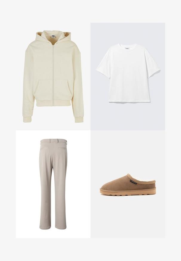 Haut à capuche crème en tissu doux, avec une fermeture éclair intégrale, deux poches avant et un capuchon avec cordon de serrage. Design classique et décontracté.; T-shirt blanc oversize à manches courtes, col rond, épaules tombantes, posé à plat sur fond gris clair.; Pantalon beige droit vu de dos, avec passants de ceinture et deux poches passepoilées à la taille.; Chausson marron à enfiler avec semelle beige et doublure blanche duveteuse, étiquette latérale avec logo Quiksilver, présenté de profil sur fond uni.