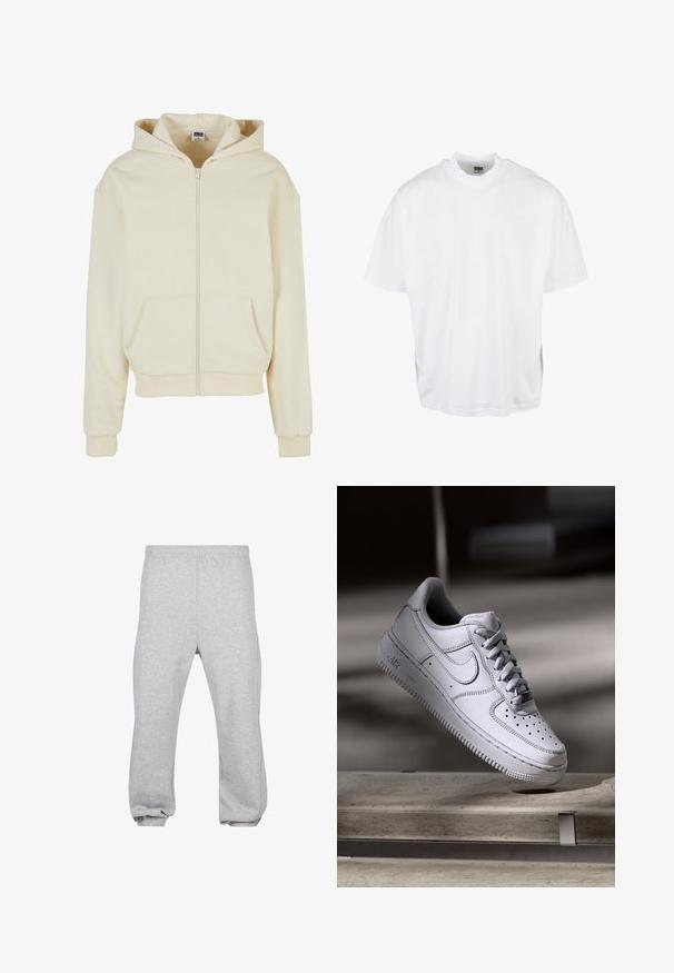 Haut à capuche crème en tissu doux, avec une fermeture éclair intégrale, deux poches avant et un capuchon avec cordon de serrage. Design classique et décontracté.; T-shirt en coton blanc avec une coupe décontractée, des manches courtes et un col rond, présentant un ourlet droit et sans graphiques ni motifs visibles.; Pantalon de jogging en coton gris clair avec taille élastique et poignets aux chevilles, présenté à plat sur fond blanc.; La basket Nike Air Force 1 en cuir blanc présente un embout perforé, des lacets plats et une semelle en caoutchouc texturée avec le logo « AIR » sur le côté.
