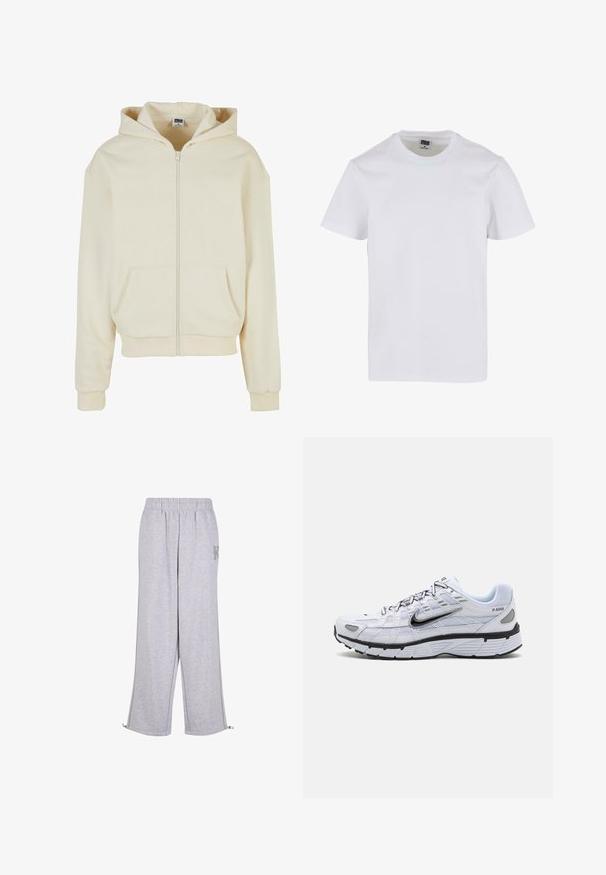 Haut à capuche crème en tissu doux, avec une fermeture éclair intégrale, deux poches avant et un capuchon avec cordon de serrage. Design classique et décontracté.; T-shirt en coton blanc avec un encolure ronde, des manches courtes et une coupe décontractée. Texture lisse sans motifs ni accents visibles.; Karl Kani Pantalon de survêtement - grey; Baskets de course blanches avec une tige en mesh, bout arrondi, accents noirs et semelle à motif. Comprend des lacets et une marque sur le côté.