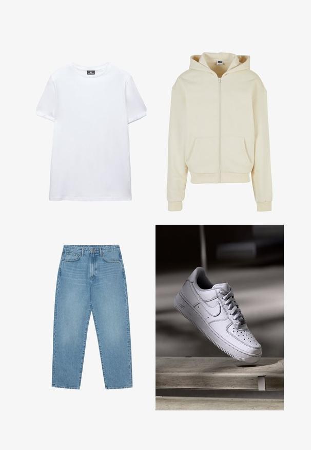 Haut à capuche crème en tissu doux, avec une fermeture éclair intégrale, deux poches avant et un capuchon avec cordon de serrage. Design classique et décontracté.; T-shirt blanc uni à manches courtes, col rond, avec une étiquette noire Pull&Bear à l'intérieur du col, présenté sur fond blanc.; Jean en denim bleu clair avec une coupe droite, design cinq poches et une texture légèrement délavée. Dispose d'une fermeture à bouton et à glissière.; La basket Nike Air Force 1 en cuir blanc présente un embout perforé, des lacets plats et une semelle en caoutchouc texturée avec le logo « AIR » sur le côté.