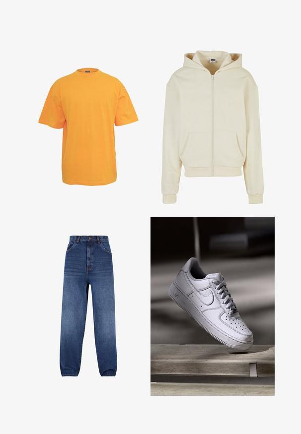 Creme hoodie lavet af blødt stof, med en fuld lynlås, to forlommer og en hætte med snoretræk. Klassisk, afslappet pasform.; Orange bomulds t-shirt med rund halsudskæring, korte ærmer og en afslappet pasform. Ingen mønstre eller detaljer. Glat tekstur.; Mørkeblå denimjeans. Høj talje med afslappet pasform. Har forlommer og en subtil falmningseffekt på benene.; Hvid læder Nike Air Force 1 sneaker med perforeret tå, flade snørebånd og tekstureret gummisål med "AIR" branding på siden.