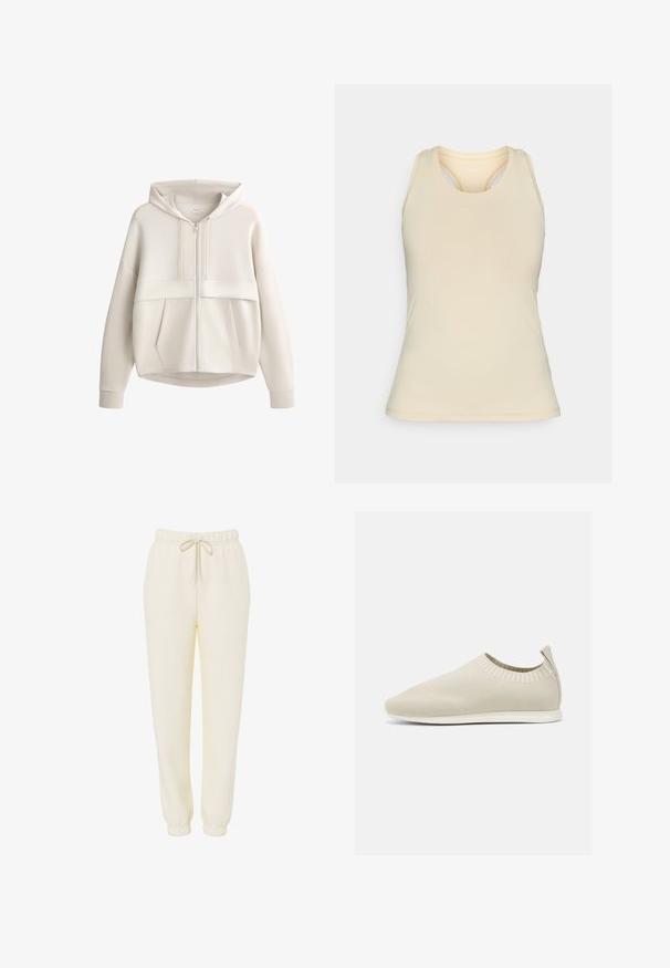 Sweat à capuche beige clair avec fermeture éclair frontale, capuche à cordon, manches longues et deux poches avant visibles sur fond blanc.; Débardeur beige clair en tissu lisse. Présente une encolure dégagée, un dos nageur et des détails de couture subtils.; Pantalon de survêtement décontracté couleur crème avec ceinture élastique et cordon de serrage, jambes effilées et poignets élastiques.; Chaussure slip-on en tricot beige avec profil bas, tige texturée et semelle flexible. Présente un design tissé autour de la cheville pour plus de confort.