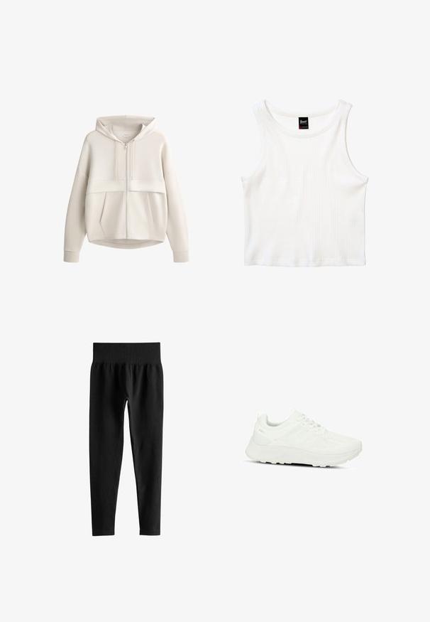 Licht beige capuchontrui met ritssluiting aan de voorkant, capuchon met trekkoord, lange mouwen en twee voorzakken zichtbaar op een witte achtergrond.; Witte geribbelde mouwloze cropped top met ronde halslijn en een klein zwart labeltje midden achteraan bij de kraag.; Zwarte geribde leggings met hoge taille, brede elastische tailleband en volledige smalle pijpen op een witte achtergrond.; Witte sportschoen met een gestructureerde bovenkant en meshpanelen, vetersluiting, gevoerde zool en subtiele branding op de hiel.
