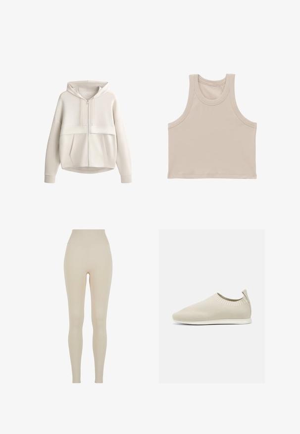 Sweat à capuche beige clair avec fermeture éclair frontale, capuche à cordon, manches longues et deux poches avant visibles sur fond blanc.; Crop top sans manches côtelé beige avec larges emmanchures et encolure ronde.; Leggings beiges en tissu extensible avec une taille haute ; texture lisse, silhouette ajustée, sans motifs ni détails matériels visibles.; Chaussure slip-on en tricot beige avec profil bas, tige texturée et semelle flexible. Présente un design tissé autour de la cheville pour plus de confort.