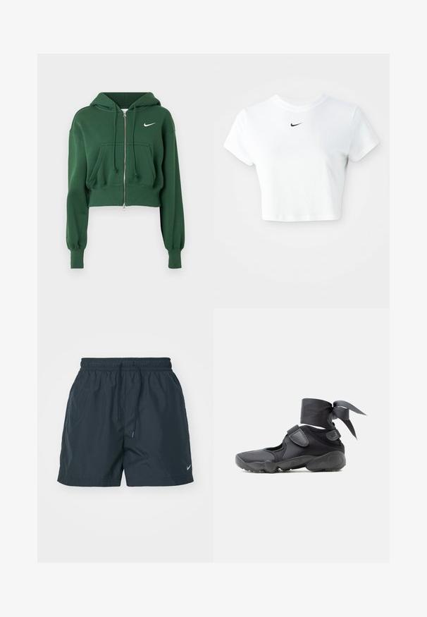 Grøn cropped hættetrøje med lynlås, lavet af bomuldsblanding, med kængurulomme, snoretræk og hvid Nike-logo på brystet.; Hvid kortærmet t-shirt lavet af bomuld, med korte ærmer og rund halsudskæring, og med et sort Nike-logo på brystet.; Navyblå shorts med elastisk talje, snor og sidelommer. Har Nike-logoen i hvidt på den nederste venstre ben. Letvægtsmateriale.; Sort atletiksko med udskæringer, velcrolukninger og ankelrem bundet i en sløjfe, vist fra siden på en hvid baggrund.
