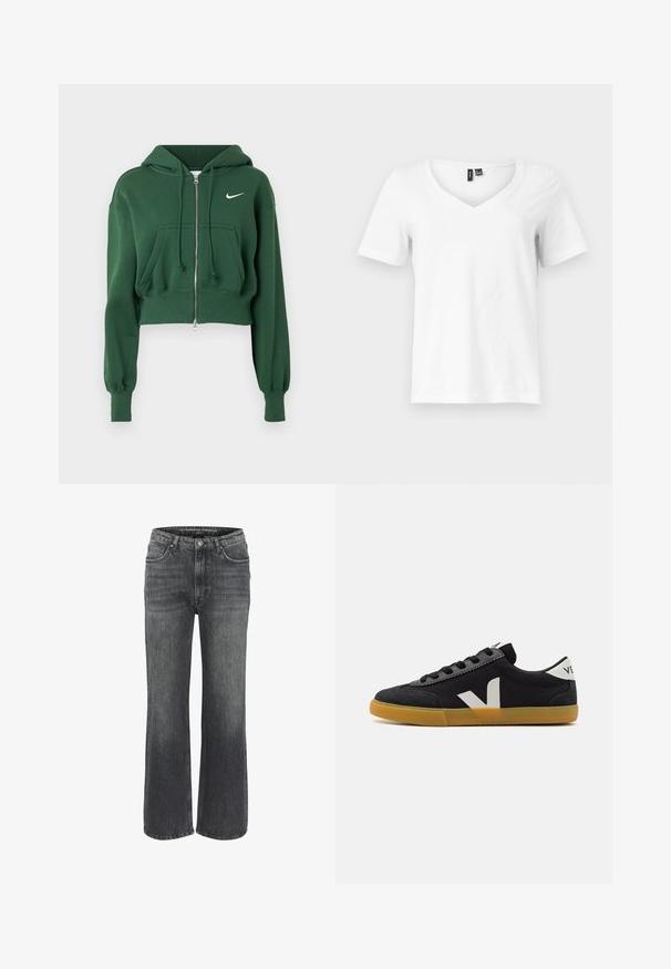 Sweat à capuche court vert zippé en mélange de coton, avec une poche kangourou, des cordons de serrage et un logo Nike blanc sur la poitrine.; T-shirt blanc à manches courtes en col V avec étiquettes noires visibles au col sur fond gris clair.; Jeans larges en denim gris foncé, présentant un design classique à cinq poches, des coutures décoratives et une fermeture à bouton à la taille.; Veja VOLLEY - Baskets basses - black/white/natural