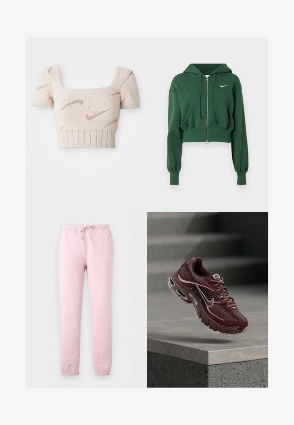 Grüner, kurz geschnittener Zip-Hoodie aus Baumwollmischung, mit Kängurutasche, Zugband und weißem Nike-Logo auf der Brust.; Kurzes, ärmelloses Oberteil aus weichem, strukturiertem Stoff. Hellrosa Farbe mit braunen, wellenförmigen Mustern. Quadrat-Ausschnitt und gerippter Saum.; Hellrosa Sweatpants mit elastischen Bündchen und Bund, vorne mit Kordelzug und kleinem weißem Logo am oberen linken Oberschenkel.; Dunkelroter Nike-Laufschuh mit Mesh-Stoff, gepolstertem Kragen, dicker Sohle und weißen Akzenten. Das Design zeichnet sich durch eine abgerundete Zehenpartie und markante Schnürsenkel aus.