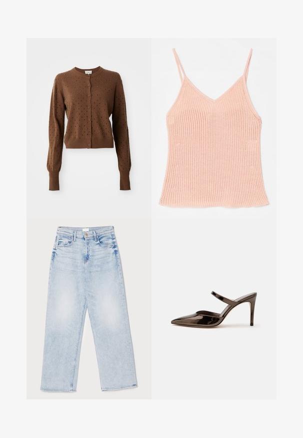 Brun cardigan med lange ærmer, rund halsudskæring og knapper foran. Har teksturerede prikker og et kort design. Blødt strikstof.; Peachfarvet strikket tanktop med tynde justerbare stropper, V-halsdesign, ribbet tekstur og lige kant.; Lysblå, højtaljede denim jeans med vidde i benene, der har fem lommer, en frontlukning med knap og en let falmet tekstur.; Skinnende mørkebrune mule med spids tå og høje hæle med en tynd rem over foden på en ensfarvet hvid baggrund.