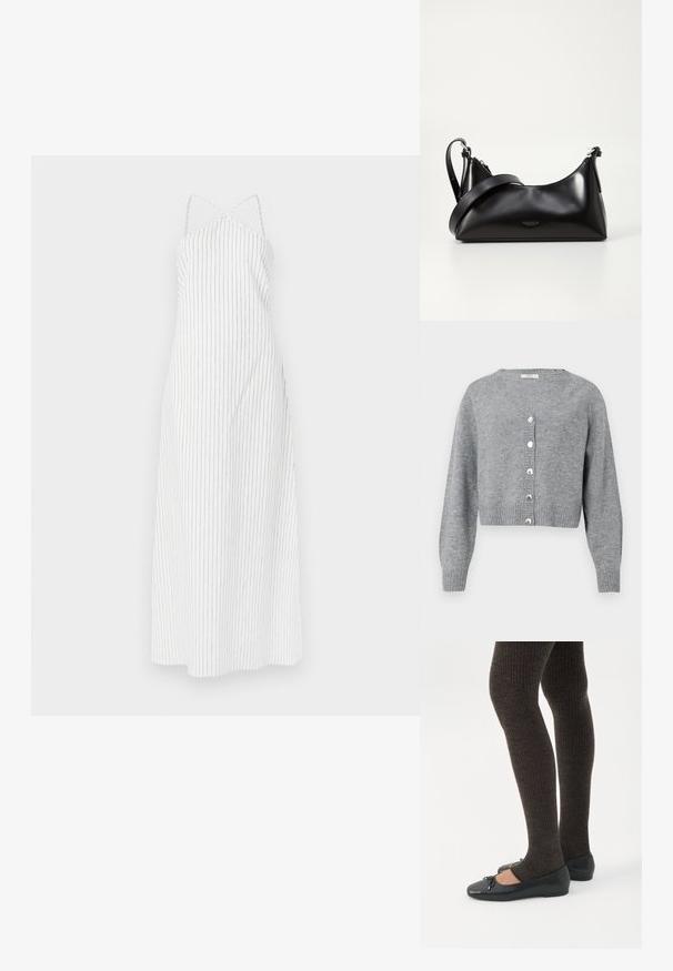 Cardigan court à manches longues gris clair avec col en V, poignets et ourlet côtelés, et six boutons en forme de perles sur le devant.; Robe blanche à rayures avec un design à dos croisé, fabriquée en tissu léger. Présente de fines rayures verticales noires et une silhouette fluide.; Jambes portant des leggings côtelés foncés associés à des ballerines noires avec de petits détails en nœud sur fond blanc.; Sac à main en cuir noir avec une texture lisse. Dispose d'une bandoulière adjustable et d'un design élégant et minimaliste avec une fermeture éclair.
