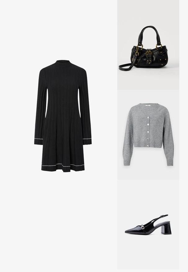 Lysegrå, langærmet cropped cardigan med V-hals, ribbede manchetter og kant, samt seks perle-lignende knapper foran.; Sort ribbet striklangærmet kjole med høj hals og hvide kantdetaljer på ærmer og kant.; Sort laklæder slingback-hæl med spids tå, lav blokhæl og to små sølvspænder på stropperne.; Sort læderhåndtaske med guldbælge og nitdetaljer, korte håndtag og en justerbar skulderrem på en ensfarvet hvid baggrund.