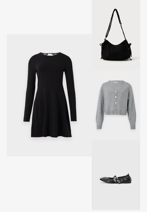 Helle graue, langärmlige, kurz geschnittene Strickjacke mit V-Ausschnitt, gerippten Bündchen und Saum sowie sechs perlenähnlichen Knöpfen auf der Vorderseite.; Schwarzes langärmliges Kleid mit weitem Rock und eng anliegendem Oberteil, mit einer Spitzenverzierung am Rückenausschnitt. Glatte Stoffoberfläche.; Schwarze Leder-Ballerinas mit spitzem Zehenbereich, gerafften Details am Schaft und einem silbernen Schnallenakzent am verstellbaren Riemen.; Schwarze Cordtasche mit geschwungener Form, verstellbarem Schultergurt und Kordelzugverschlüssen an beiden Seiten zur Größenanpassung.