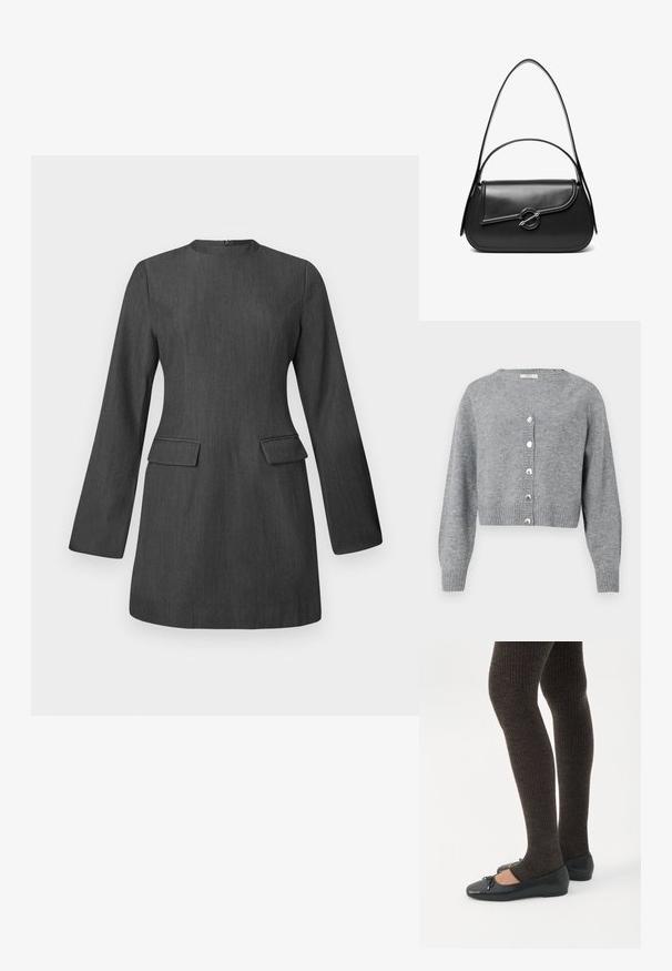 Lichtgrijze, cropped cardigan met lange mouwen en V-hals, geribbelde manchetten en zoom, en zes parelachtige knopen aan de voorkant.; Grijze op maat gemaakte jurk met lange mouwen, ronde hals en twee voorzakken. Gemaakt van gestructureerde stof, met een strak en gestructureerd ontwerp.; Benen met donkere geribbelde leggings gecombineerd met zwarte ballerina's met kleine strikdetails op een witte achtergrond.; Zwarte leren schoudertas met een gebogen klep die is bevestigd met een ronde metalen sluiting en een smalle, verstelbare band.