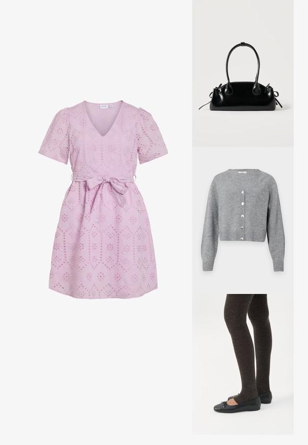 Lichtgrijze, cropped cardigan met lange mouwen en V-hals, geribbelde manchetten en zoom, en zes parelachtige knopen aan de voorkant.; Korte roze jurk met een V-hals, korte pofmouwen en een strikceinture. Bevat geborduurde bloempatronen door de stof heen.; Benen met donkere geribbelde leggings gecombineerd met zwarte ballerina's met kleine strikdetails op een witte achtergrond.; Kleine zwarte glanzende handtas met twee lange hengsels en zijkant trekkoord details op een effen lichte achtergrond.