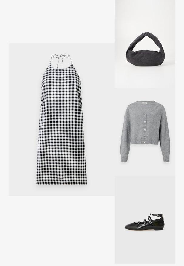Lysegrå, langærmet cropped cardigan med V-hals, ribbede manchetter og kant, samt seks perle-lignende knapper foran.; Halterneck kjole i sort og hvid ternet mønster, med en afslappet pasform og bånd bag på nakken. Letvægtsstof.; ALDO NELTA - Ballerinasko - black; Mørkegrå stofpose med et buet håndtag, blød tekstur og rund form. Ingen synligt hardware eller pynt.