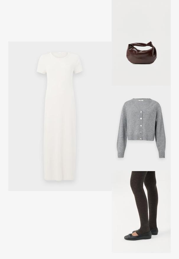Cardigan court à manches longues gris clair avec col en V, poignets et ourlet côtelés, et six boutons en forme de perles sur le devant.; Robe beige à manches courtes, longueur genou, en tissu de coton doux. Présente un col rond et une silhouette simple et droite.; Jambes portant des leggings côtelés foncés associés à des ballerines noires avec de petits détails en nœud sur fond blanc.; Sac bandoulière en cuir marron foncé avec une forme souple et décontractée et une anse nouée torsadée sur un fond blanc uni.