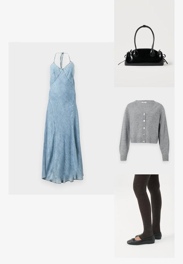 Lysegrå, langærmet cropped cardigan med V-hals, ribbede manchetter og kant, samt seks perle-lignende knapper foran.; Denimkjole i lys blå nuance med spaghetti-stropper, A-line snit og subtile plisseringer langs bodice. Lang, flydende silhuet.; Ben iført mørke ribbede leggings kombineret med sorte balletsko med små sløjfedetaljer på hvid baggrund.; Lille sort blank håndtaske med to lange håndtag og snøre-detaljer i siden på en ensfarvet lys baggrund.