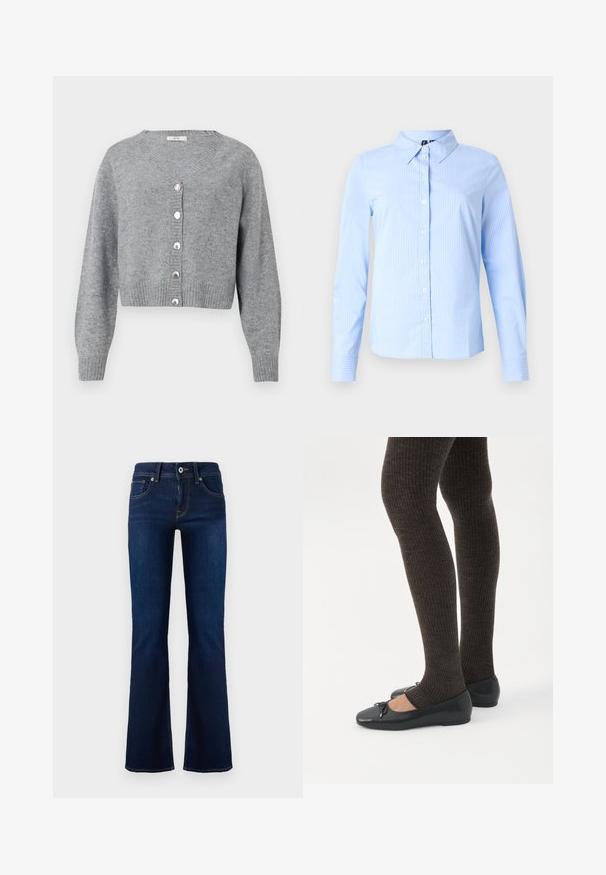Lysegrå, langærmet cropped cardigan med V-hals, ribbede manchetter og kant, samt seks perle-lignende knapper foran.; Lyseblå skjorte med lange ærmer, diskrete hvide striber og spidse kraver, vist på en ensfarvet baggrund.; Mørkeblå denim flared jeans med en mid-rise talje, forlommer og kontrasterende syninger. Har metalknaplukning og bæltestropper.; Ben iført mørke ribbede leggings kombineret med sorte balletsko med små sløjfedetaljer på hvid baggrund.