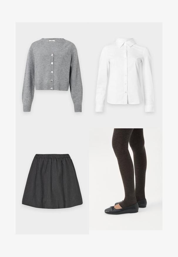 Lysegrå, langærmet cropped cardigan med V-hals, ribbede manchetter og kant, samt seks perle-lignende knapper foran.; Hvid skjorte med lange ærmer, knapper, spids krave, lige kant og tætsiddende silhuet, vist på en ensartet lys baggrund.; Sorte stribede nederdel med elastisk talje, har lodrette hvide pinstriber, svajet design og glat tekstur. Velegnet til afslappet brug.; Ben iført mørke ribbede leggings kombineret med sorte balletsko med små sløjfedetaljer på hvid baggrund.