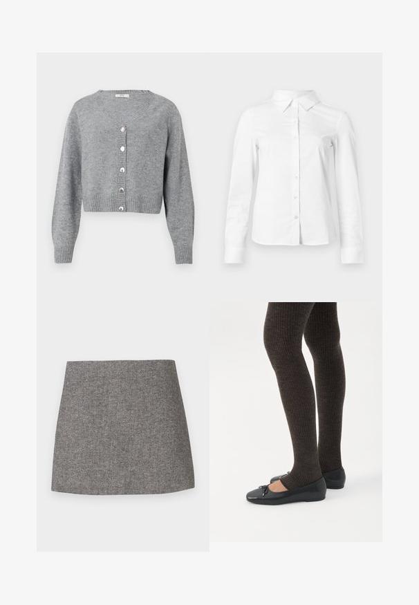 Cardigan court à manches longues gris clair avec col en V, poignets et ourlet côtelés, et six boutons en forme de perles sur le devant.; Chemise blanche à manches longues avec boutons, col pointu, ourlet droit et silhouette ajustée, présentée sur un fond clair uni.; Jupe à motif chevrons en tissu gris, présentant une silhouette ajustée avec une texture lisse et un ourlet droit et net.; Jambes portant des leggings côtelés foncés associés à des ballerines noires avec de petits détails en nœud sur fond blanc.
