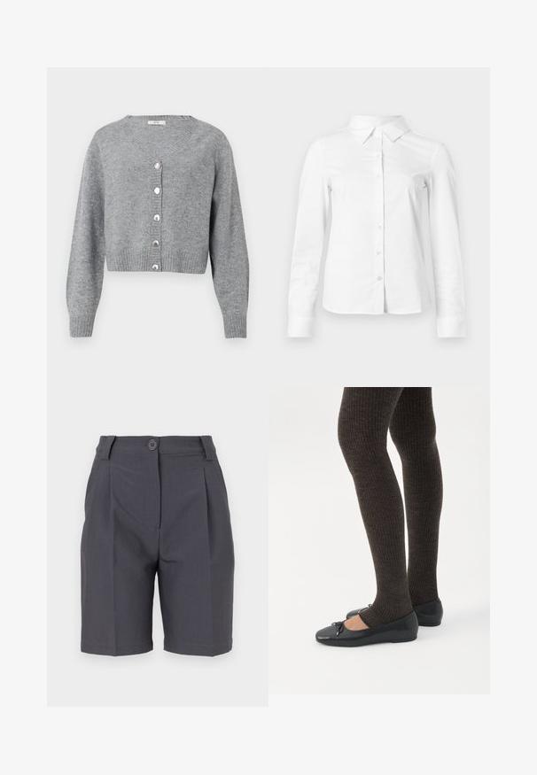 Cardigan court à manches longues gris clair avec col en V, poignets et ourlet côtelés, et six boutons en forme de perles sur le devant.; Chemise blanche à manches longues avec boutons, col pointu, ourlet droit et silhouette ajustée, présentée sur un fond clair uni.; Shorts taillés gris avec des plis, fermeture à bouton et poches latérales. Fabriqués en tissu lisse et léger avec une coupe structurée.; Jambes portant des leggings côtelés foncés associés à des ballerines noires avec de petits détails en nœud sur fond blanc.