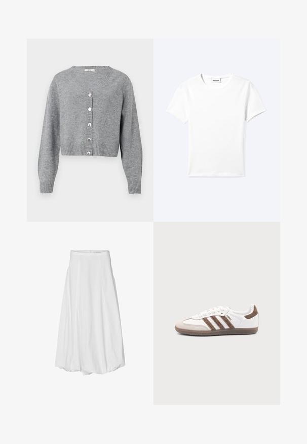 Cárdigan corto de manga larga en gris claro, con escote en V, puños y dobladillo acanalados, y seis botones perlados en la parte delantera.; Camiseta blanca lisa de manga corta con cuello redondo y una pequeña etiqueta "WEEKDAY" dentro del cuello, mostrada extendida sobre un fondo claro.; Falda blanca hasta la rodilla con un material de algodón suave, con pliegues, una cintura ajustada y un cierre de cremallera en la parte posterior.; Zapatilla blanca Adidas Samba con franjas de ante marrón, suela de goma marrón y puntera de ante beige, vista desde el lado exterior sobre un fondo liso.