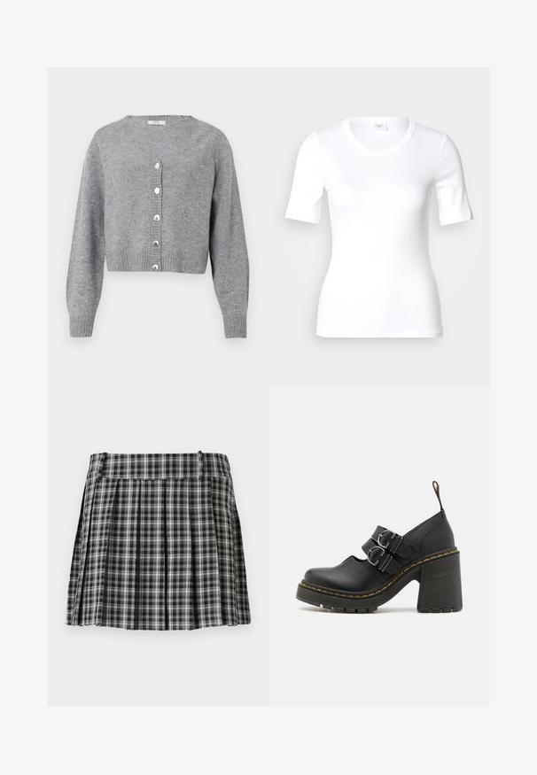 Lichtgrijze, cropped cardigan met lange mouwen en V-hals, geribbelde manchetten en zoom, en zes parelachtige knopen aan de voorkant.; Wit T-shirt met korte mouwen van glad katoen, met een ronde halslijn en een aangesloten pasvorm. Klassiek ontwerp, zonder patronen of accenten.; Zwart-wit geruite geplisseerde rok met een gladde tailleband en meerdere verticale plooien. Gemaakt van lichte stof.; Zwarte hoge hakken met een gestructureerde zool, voorzien van twee zilveren gespen, gele stiksels en een lus aan de achterkant voor gemakkelijk aan- en uittrekken.