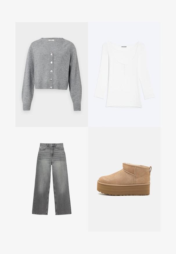 Lysegrå, langærmet cropped cardigan med V-hals, ribbede manchetter og kant, samt seks perle-lignende knapper foran.; Hvid langærmet skjorte med rund udskæring og kort knaplukning på brystet, præsenteret mod en ensfarvet lys baggrund.; Grå brede jeans lavet af denim, med en mellemhøj talje, fem lommer og subtil falmning på benene.; Beige ruskinds ankelstøvler med et blødt indre, der har en platformssål og en strop bagpå for nem påtagning. Tekstureret gummisål.