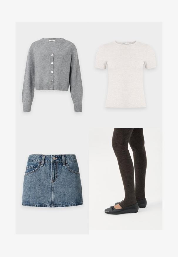 Lysegrå, langærmet cropped cardigan med V-hals, ribbede manchetter og kant, samt seks perle-lignende knapper foran.; Lysegrå kortærmet t-shirt lavet af ribstrikket stof med rund halsudskæring. Simpelt design, glat tekstur, uden synlige mønstre eller accenter.; Denim mini nederdel i middelblå vask, med en tætsiddende talje, forlommer og subtile syninger. Glat, struktureret stoffinish.; Ben iført mørke ribbede leggings kombineret med sorte balletsko med små sløjfedetaljer på hvid baggrund.