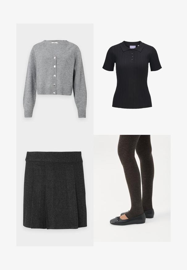 Cardigan court à manches longues gris clair avec col en V, poignets et ourlet côtelés, et six boutons en forme de perles sur le devant.; Polo noir à manches courtes en maille côtelée avec quatre boutons et un col traditionnel.; Jupe noire plissée en tissu texturé. Ceinture mi-haute avec des lignes épurées. Coupe classique adaptée à diverses occasions.; Jambes portant des leggings côtelés foncés associés à des ballerines noires avec de petits détails en nœud sur fond blanc.