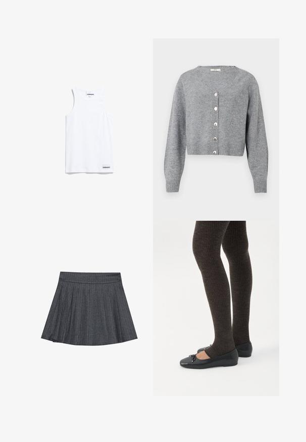 Lichtgrijze, cropped cardigan met lange mouwen en V-hals, geribbelde manchetten en zoom, en zes parelachtige knopen aan de voorkant.; Witte tanktop gemaakt van katoen. Voorzien van brede schouderbanden en een ronde halslijn. Inclusief een klein merkje aan de onderkant links.; Grijze pinstriped skaterrok met een aansluitende tailleband, uitlopende A-lijnvorm en zachte stoftextuur. Verticale lijnen vergroten de visuele belangstelling.; Benen met donkere geribbelde leggings gecombineerd met zwarte ballerina's met kleine strikdetails op een witte achtergrond.