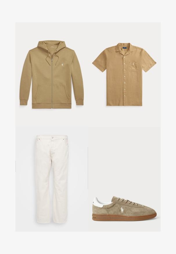 Lichtbruine hoodie met rits, steekzakken, capuchon met trekkoord en klein wit geborduurd logo op de linkerborst.; Beige linnen herenoverhemd met korte mouwen, kraag, voorzak en Polo Ralph Lauren-logo op de zak.; Witte denim jeans met een rechte pasvorm, voorzien van een knoopsluiting, riemlussen en twee zijzakken. Gladde textuur, minimalistische details.; Suède sneaker in tan met witte accenten, ronde neus en vetersluiting. Beschikt over een geperst logo en rubberen zool voor grip.
