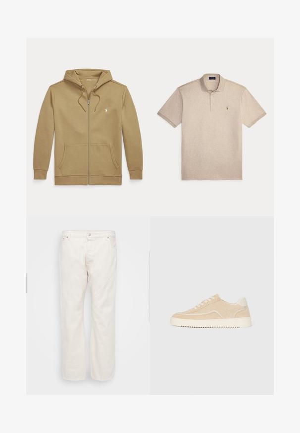 Lichtbruine hoodie met rits, steekzakken, capuchon met trekkoord en klein wit geborduurd logo op de linkerborst.; Beige poloshirt met korte mouwen, kraag, knoopsluiting met twee knopen en een klein geborduurd logo op de linkerborst.; Witte denim jeans met een rechte pasvorm, voorzien van een knoopsluiting, riemlussen en twee zijzakken. Gladde textuur, minimalistische details.; Beige suède sneaker met witte zool en veters, low-top ontwerp en zigzagprofiel op de zool.