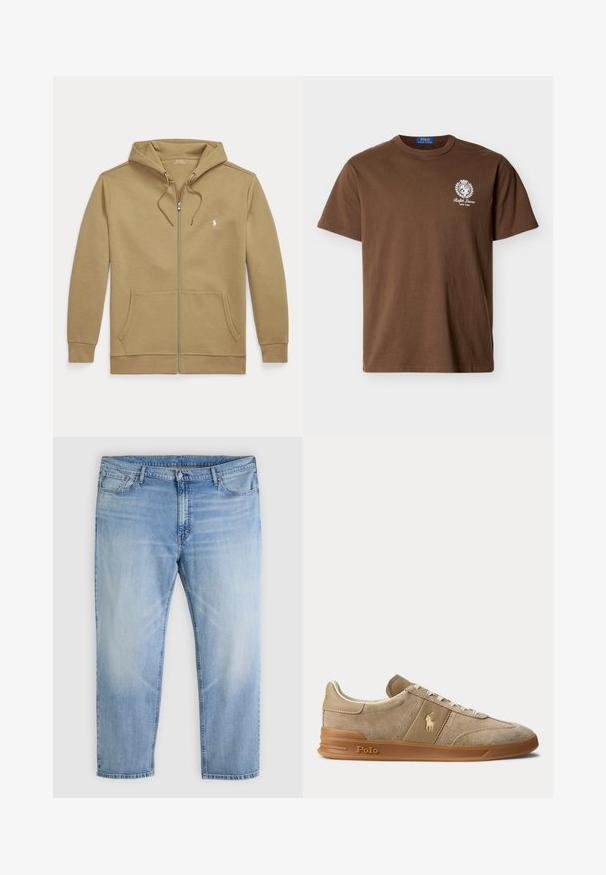 Ανοιχτό καφέ φούτερ με φερμουάρ, μπροστινές τσέπες, κουκούλα με κορδόνι και μικρό λευκό κεντημένο λογότυπο στο αριστερό μέρος του στήθους.; Καφέ κοντομάνικη μπλούζα με στρογγυλή λαιμόκοψη και μικρό λευκό λογότυπο Ralph Lauren και έμβλημα στο αριστερό μέρος του στήθους.; Τζιν παντελόνια από ανοιχτό μπλε τζιν με μπροστινό κλείσιμο με κουμπί και φερμουάρ, πέντε τσέπες και ίσια γραμμή.; Μπεζ χαμηλό sneaker από σουέντ και δέρμα με λαστιχένια σόλα, λευκά κορδόνια και λογότυπο Polo στο πλάι και στη σόλα.