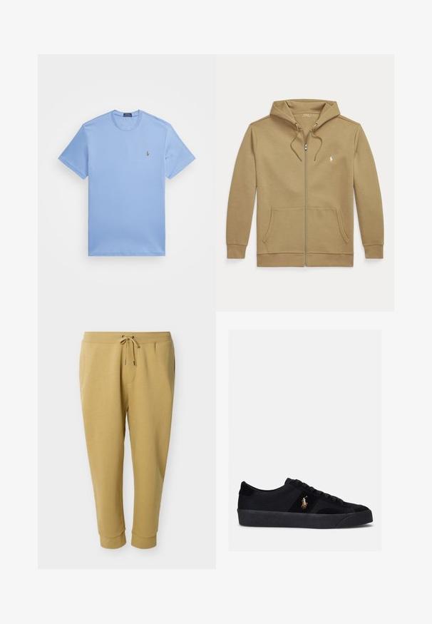 Hellbrauner Kapuzenpullover mit Reißverschluss, Vordertaschen, Kordelzug an der Kapuze und kleinem weißem gesticktem Logo auf der linken Brust.; Hellblaues T-Shirt mit kurzen Ärmeln aus einem Baumwollmischgewebe. Es hat einen Rundhalsausschnitt und ein kleines gesticktes Logo auf der linken Brust.; Hellbraune Jogginghosen mit Kordelzug in der Taille, Bündchen an den Knöcheln, Seitentaschen und kleinem weißen Polo-Spieler-Logo am rechten Oberschenkel.; Schwarze Sneakers mit einem Obermaterial aus Stoff und Wildleder, runder Zehenpartie, flacher Gummisohle und gesticktem Logo an der Seite. Schnürdesign mit sechs Ösen.