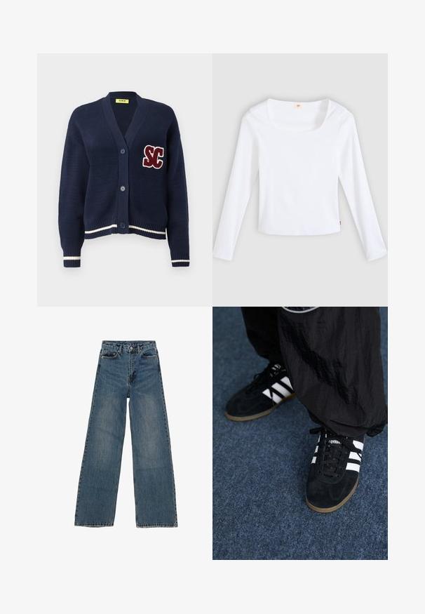 Cárdigan de punto navy con escote en v, que presenta un logo burdeos "SC", dos botones y acentos a rayas blancas en el dobladillo y los puños.; Camiseta blanca de manga larga hecha de tela acanalada, con escote cuadrado y diseño ajustado, con una pequeña etiqueta de logo en el costado.; Jeans de mezclilla azul de pierna ancha con cintura alta, cinco bolsillos y costuras en contraste. Desvanecimientos y ligerasImperfecciones visibles en la tela.; Zapatillas deportivas de ante negro con tres rayas blancas y cordones negros. Un pantalón negro texturizado es parcialmente visible al lado de las zapatillas.
