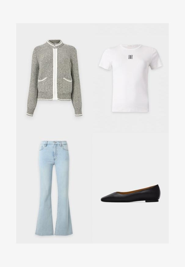 Cardigan zippé en maille gris et blanc avec manches longues, deux poches devant, poignets et ourlet côtelés.; T-shirt blanc à manches courtes avec un petit logo noir brodé au centre de la poitrine et un col rond.; Jean en denim bleu clair taille haute avec jambes évasées, fermeture par bouton et fermeture éclair, poches avant et arrière.; Chaussure plate en cuir noir à bout pointu avec talon bas et finition lisse, vue de côté sur un fond gris clair.