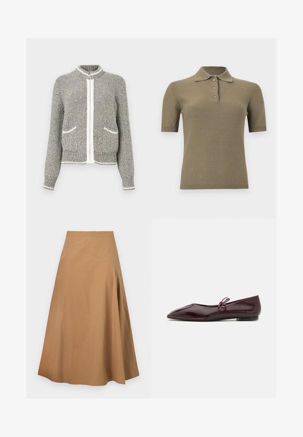 Cardigan zippé en maille gris et blanc avec manches longues, deux poches devant, poignets et ourlet côtelés.; Polo en maille vert olive à manches courtes avec col et trois boutons sur un fond blanc uni.; Jupe midi trapèze couleur beige avec détail de couture asymétrique à l’avant, réalisée en tissu lisse, présentée sur fond blanc.; Ballerines en cuir verni bordeaux avec un bout pointu et un nœud décoratif violet sur le cou-de-pied ; design à semelle plate.