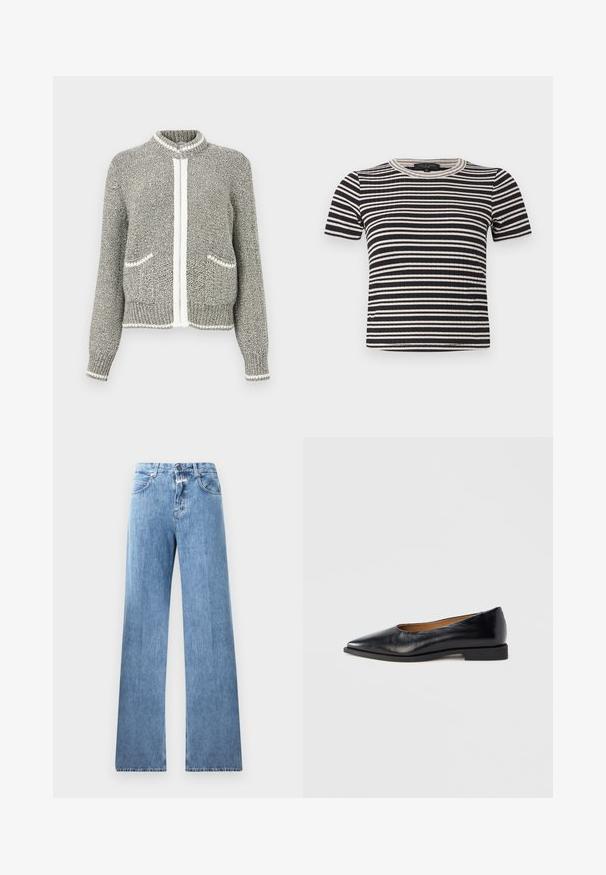 Grijs-witte gebreide cardigan met rits, lange mouwen, twee voorzakken en geribbelde manchetten en zoom.; Zwart-wit horizontaal gestreept ribgebreid shirt met korte mouwen, een ronde halslijn en een strakke pasvorm.; Lichtblauwe denim jeans met een wijde pasvorm, vijf zakken, lussen voor een riem en een knoopsluiting. De stof heeft een gladde textuur.; Zwarte leren platte schoen met een puntige neus en een lage, vierkante hak. Gladde textuur, minimalistisch ontwerp, zonder zichtbare sieraden of patronen.