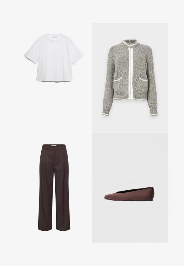 Grau-weiße Strickjacke mit Reißverschluss, langen Ärmeln, zwei Vordertaschen sowie gerippten Bündchen und Saum.; Weißes Baumwoll-T-Shirt mit kurzen Ärmeln, rundem Ausschnitt, lockerer Passform und ohne sichtbare Muster oder Grafiken. Glatte Textur und einfaches Design.; Dunkelbraune, weitgeschnittene Hose mit Gürtelschlaufen, vorderen Falten und geradem Bund.; Braune Ballettschuhe aus Stoff mit spitz zulaufender Spitze und glatter Textur, ausgestattet mit einem niedrigen Rückenteil und einer dünnen schwarzen Sohle. Keine sichtbaren Muster oder Verzierungen.