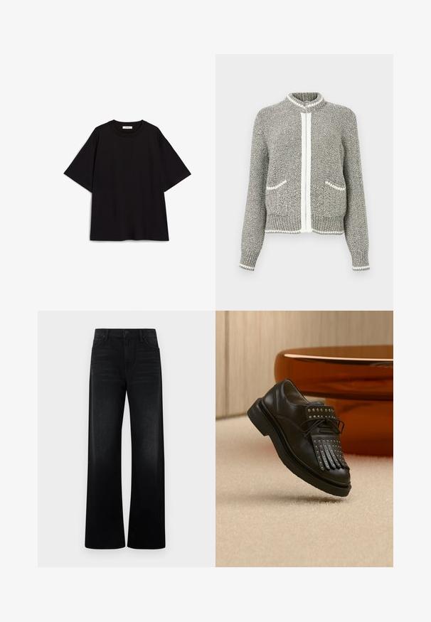 Grau-weiße Strickjacke mit Reißverschluss, langen Ärmeln, zwei Vordertaschen sowie gerippten Bündchen und Saum.; Schwarzes Baumwoll-T-Shirt mit lockerem Schnitt, kurzen Ärmeln, rundem Ausschnitt und glatter Textur. Keine Muster oder Akzente.; Schwarze Jeans mit hoher Taille und weitem Bein, vorne mit Taschen und Gürtelschlaufen, vor einfarbig hellem Hintergrund präsentiert.; Schwarzer Leder-Schnürschuh mit dekorativer Fransen und Metallnieten auf beigem Teppich neben braunen Möbeln.