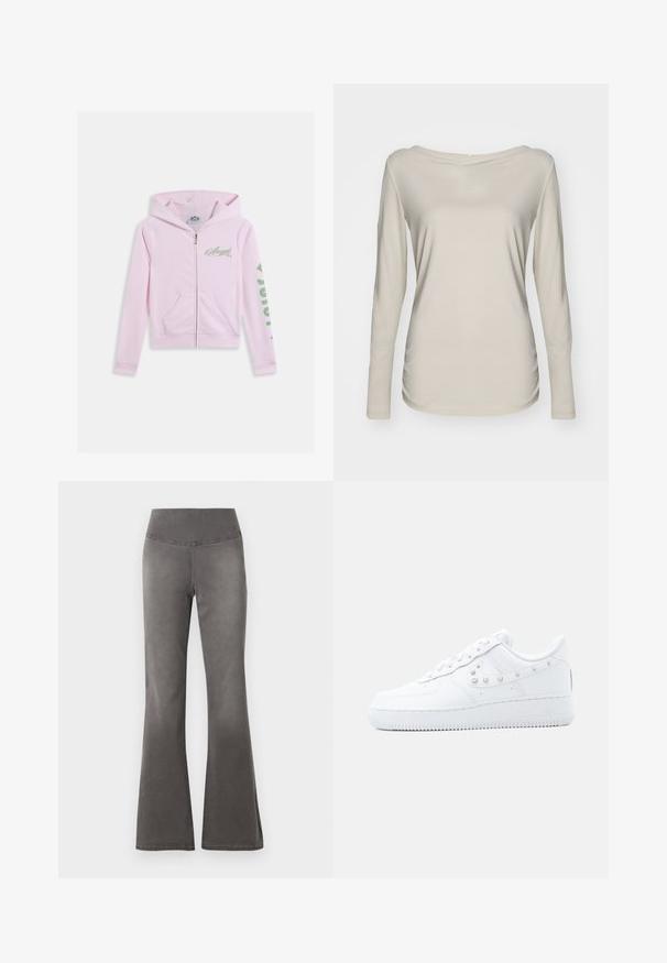 Sweat à capuche rose avec fermeture éclair, fabriqué en tissu doux. Comprend une poche kangourou, une capuche, avec le texte « Angel » en écriture verte sur la poitrine et « 2020 » sur la manche.; Haut beige à manches longues avec un large col bateau, en tissu léger au toucher doux et à la coupe ajustée.; Pantalons gris évasés avec une taille lisse et extensible, ajustés au niveau des cuisses, s'élargissant vers une ouverture de jambe plus large.; Baskets blanches Nike Air Force 1 avec détail Swoosh clouté et semelle épaisse, présentées sur un fond uni gris clair.
