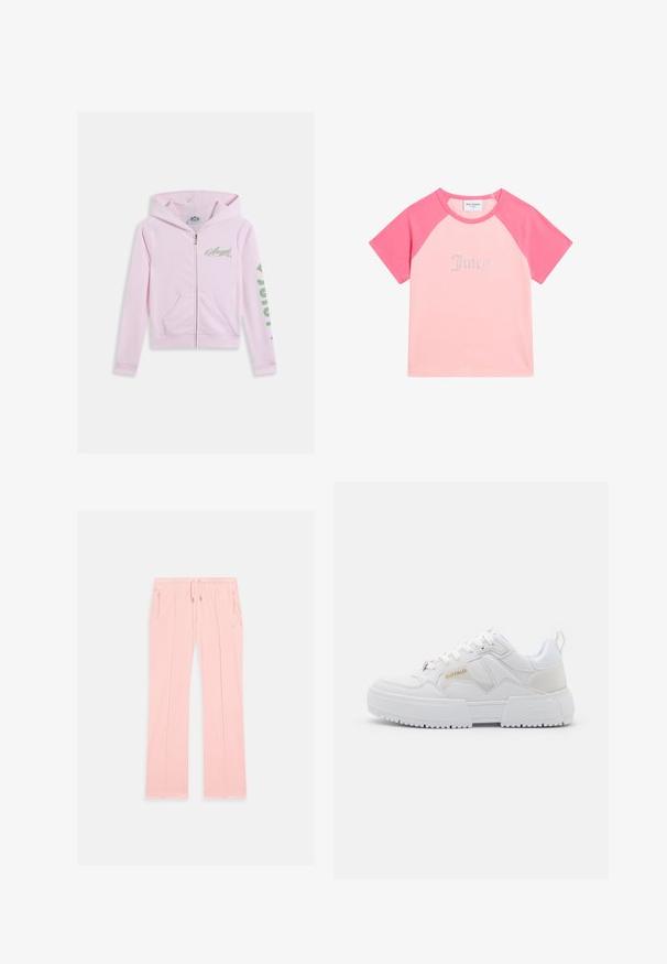 Roze hoodie met ritssluiting gemaakt van zachte stof. Heeft een kangoeroezak, capuchon, met de tekst "Angel" in groene letters op de borst en "2020" op de mouw.; Korte mouwen, roze katoenen T-shirt met raglanmouwen. Heeft "Juicy" in rhinestones over de voorkant. Zachte textuur, casual pasvorm.; Lichtroze joggingbroek gemaakt van zachte stof, met een trekkoord in de taille, zijzakken met ritssluiting en subtiele stiksels langs de benen.; Witte sneakers met een chunky ontwerp, gemaakt van leren en synthetische materialen, met textuurovereenkomsten, veters en een prominent logo in goud.