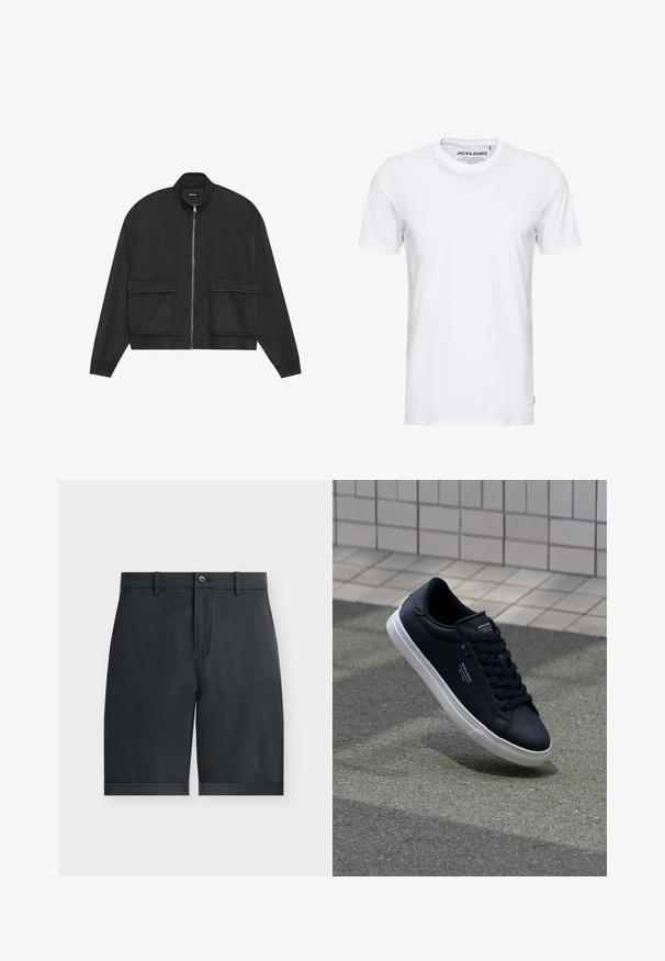 Schwarze Zip-Jacke mit hohem Kragen, zwei Fronttaschen, langen Ärmeln und lockerer Passform. Hergestellt aus leichtem Stoff mit glatter Textur.; Weißes T-Shirt mit kurzen Ärmeln aus Baumwolle, mit Rundhalsausschnitt und einem schlichten Design. Markentag im Nackenbereich sichtbar. Keine Muster oder Verzierungen.; Schwarze knielange Shorts mit umgeschlagenen Säumen, Knopfverschluss, Gürtelschlaufen und flachem Vorderdesign auf einfachem weißem Hintergrund.; Schwarze Leder-Sneaker mit einer glatten Oberfläche, weißer Gummi-Sohle und tonal passenden Schnürsenkeln. Mit Markenakzenten auf der Zunge und der Seite.