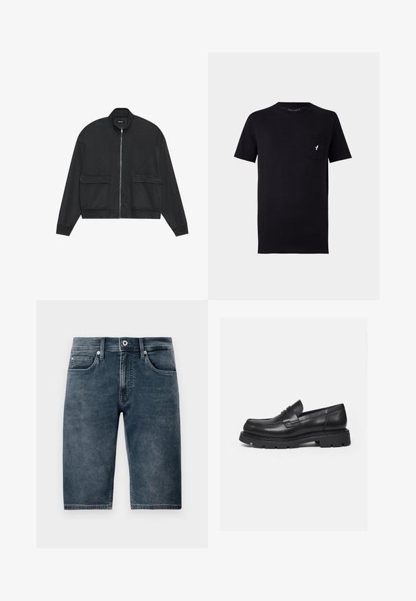 Schwarze Zip-Jacke mit hohem Kragen, zwei Fronttaschen, langen Ärmeln und lockerer Passform. Hergestellt aus leichtem Stoff mit glatter Textur.; Schwarzes Baumwoll-T-Shirt mit kurzen Ärmeln, rundem Halsausschnitt und einer Brusttasche mit einem kleinen weißen Vogel-Logo. Weicher Stoff und einfaches Design.; Dunkelblaue Jeansshorts bis zu den Knien, mit glatter Textur, fünf Taschen und Metallknopfverschluss. Leicht verwaschene Optik für einen lässigen Look.; Schwarzer Lederloafer mit dicker, profilierter Sohle und Pennyriemen-Detail, von der rechten Seitenansicht auf weißem Hintergrund gezeigt.
