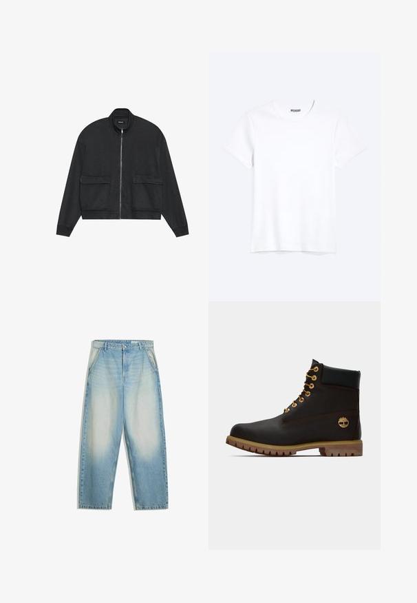 Schwarze Zip-Jacke mit hohem Kragen, zwei Fronttaschen, langen Ärmeln und lockerer Passform. Hergestellt aus leichtem Stoff mit glatter Textur.; Schlichtes weißes T-Shirt mit kurzen Ärmeln und Rundhalsausschnitt mit gut sichtbarem WEEKDAY-Label am Kragen, dargestellt auf hellem Hintergrund.; Hellblaue, ausgewaschene Jeans mit lockerem Sitz, Seitentaschen, Gürtelschlaufen und einem Knopfverschluss an der Taille.; Schwarze Leder-Ankle-Boots mit goldenen Ösen, braunen Akzenten und einer Gummisohle. Verfügt über einen gepolsterten Schaft und ein geprägtes Logo an der Seite.