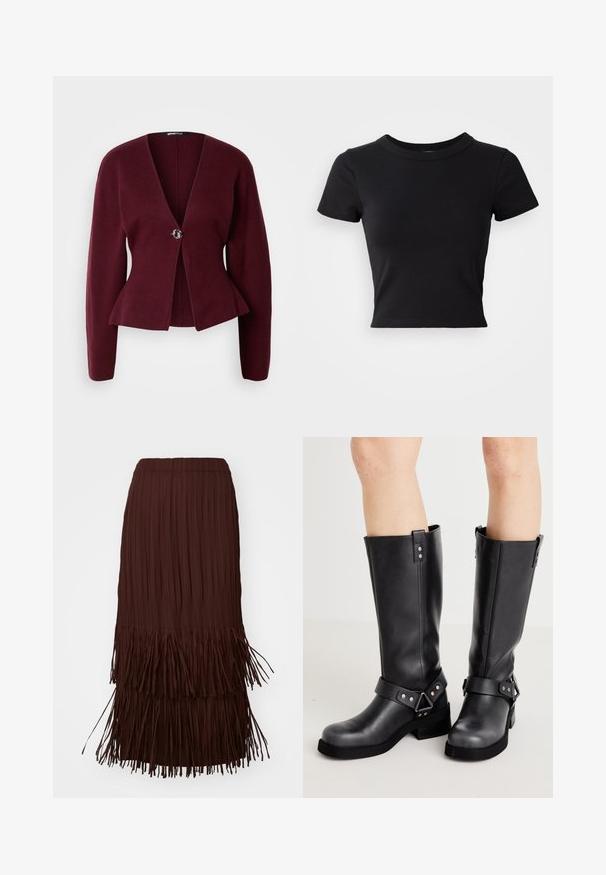 Burgunderfarbener Cardigan mit V-Ausschnitt, langen Ärmeln und einem Peplumsaum. Verfügt über einen dekorativen Knopf mit kontrastierendem Design. Weiche Textur.; Schwarzes, cropped T-Shirt aus festem Baumwollstoff, mit kurzen Ärmeln und rundem Halsauschnitt, das ein glattes und einfaches Design aufweist.; Brauner plissierter Midirock mit gestuften Fransendetails am Saum, elastischem Taillenbund und fließender Textur.; Schwarze Lederstiefel bis zum Knie mit weiter Schaftweite, Riemenverzierungen, silbernen Beschlägen und flacher Sohle. Glatte Textur mit leichtem Glanz.